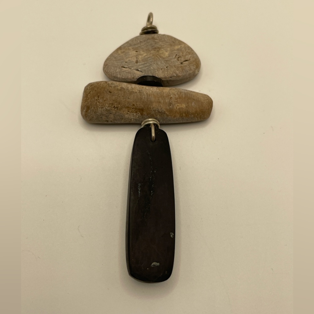 Unique Handmade Petrified Wood & Genuine Jet Totem Pendant Fossil Boho Wire Wrap